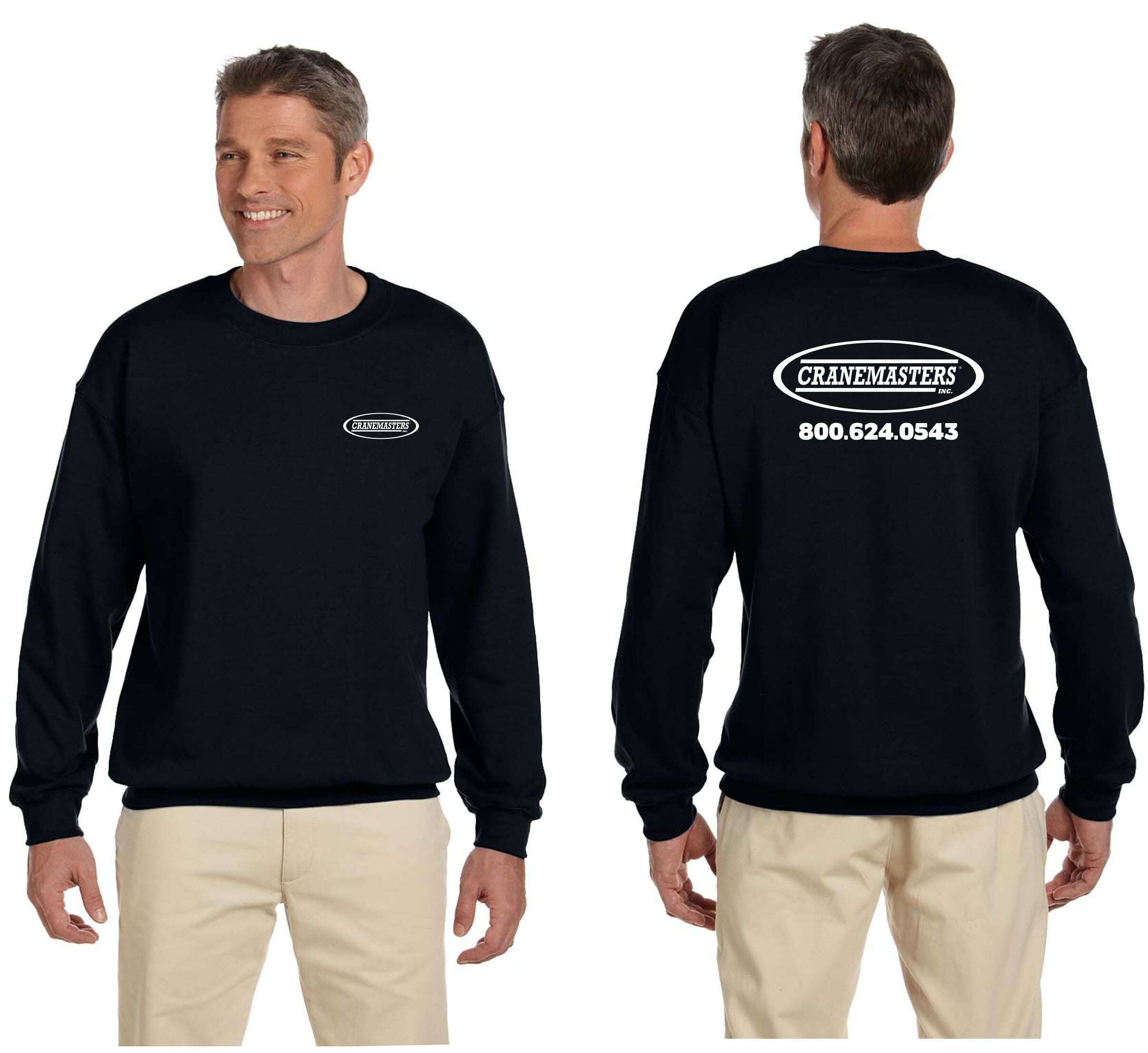 Cranemasters crewneck sweatshirt, left-chest logo on the front and a full back logo